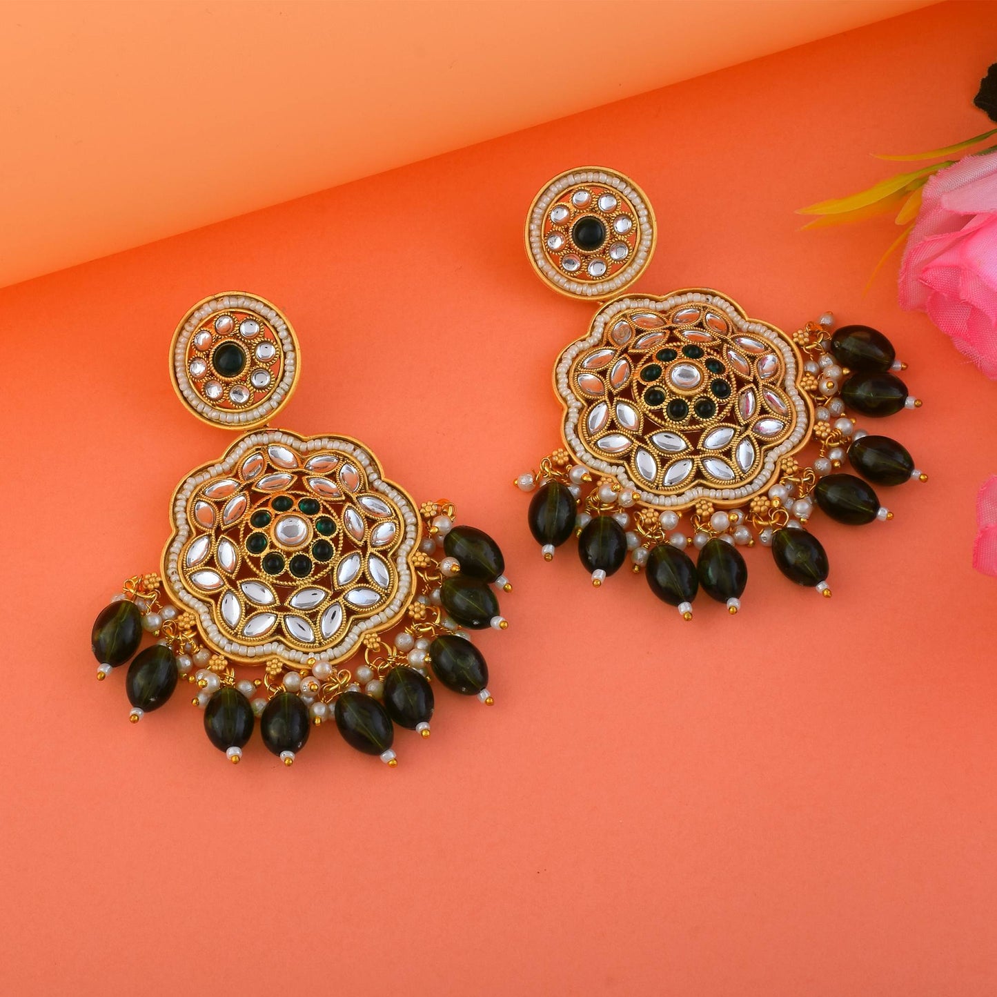 Elegant Green Color Kundan Matte Gold Earrings For Festive And Bridal Wear