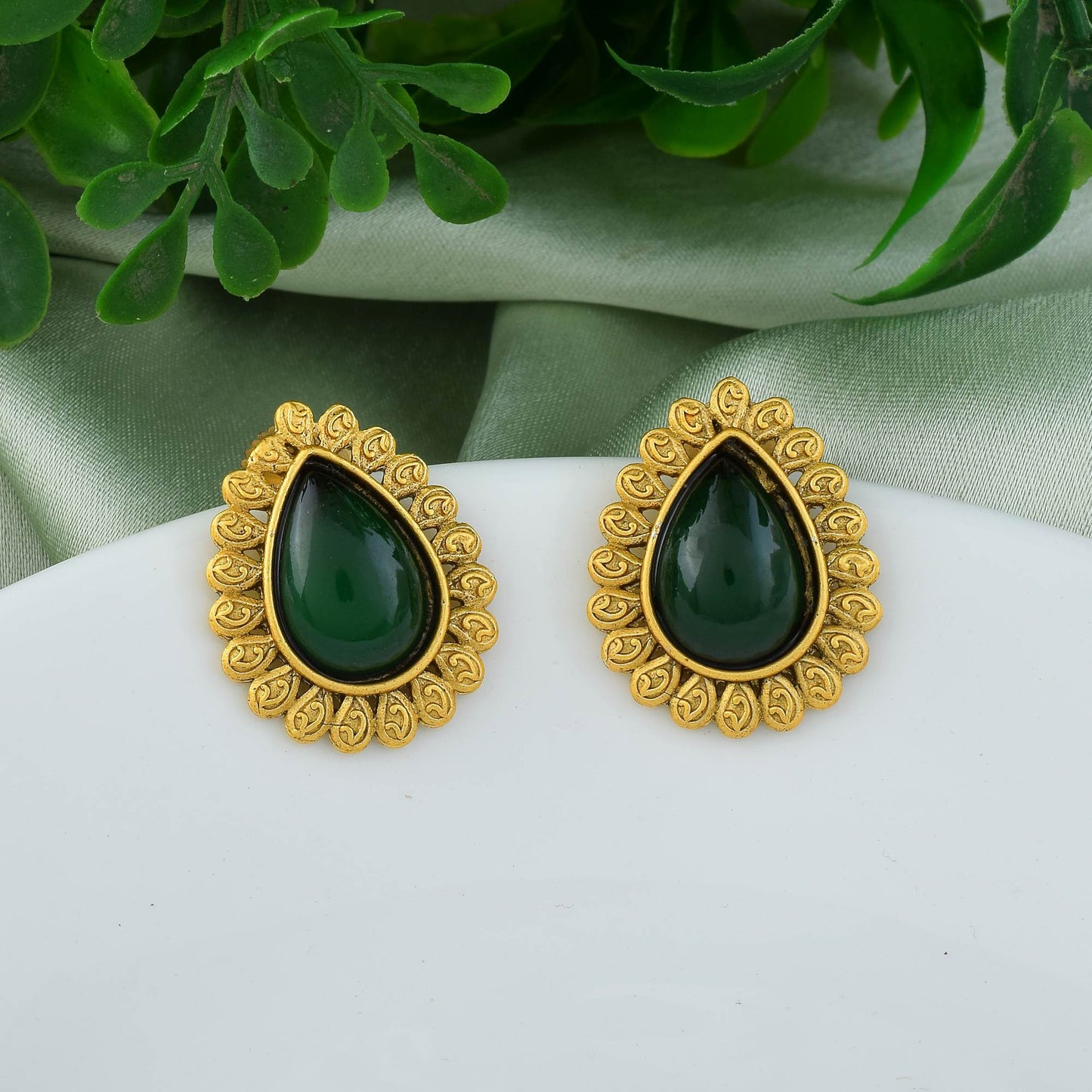 Gorgeous Green Color Matte Gold Earrings With Traditional Artistic Stone Work