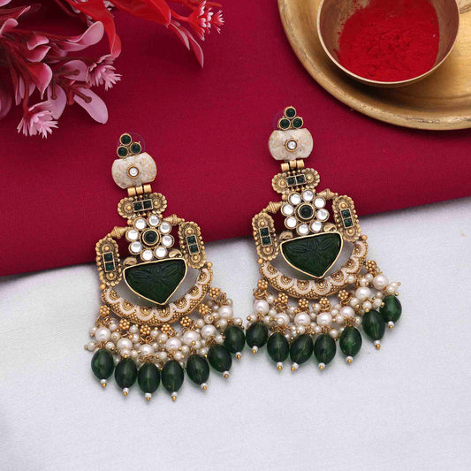 Classic Green Color Matte Gold Earrings With Antique Finish And Stone Design