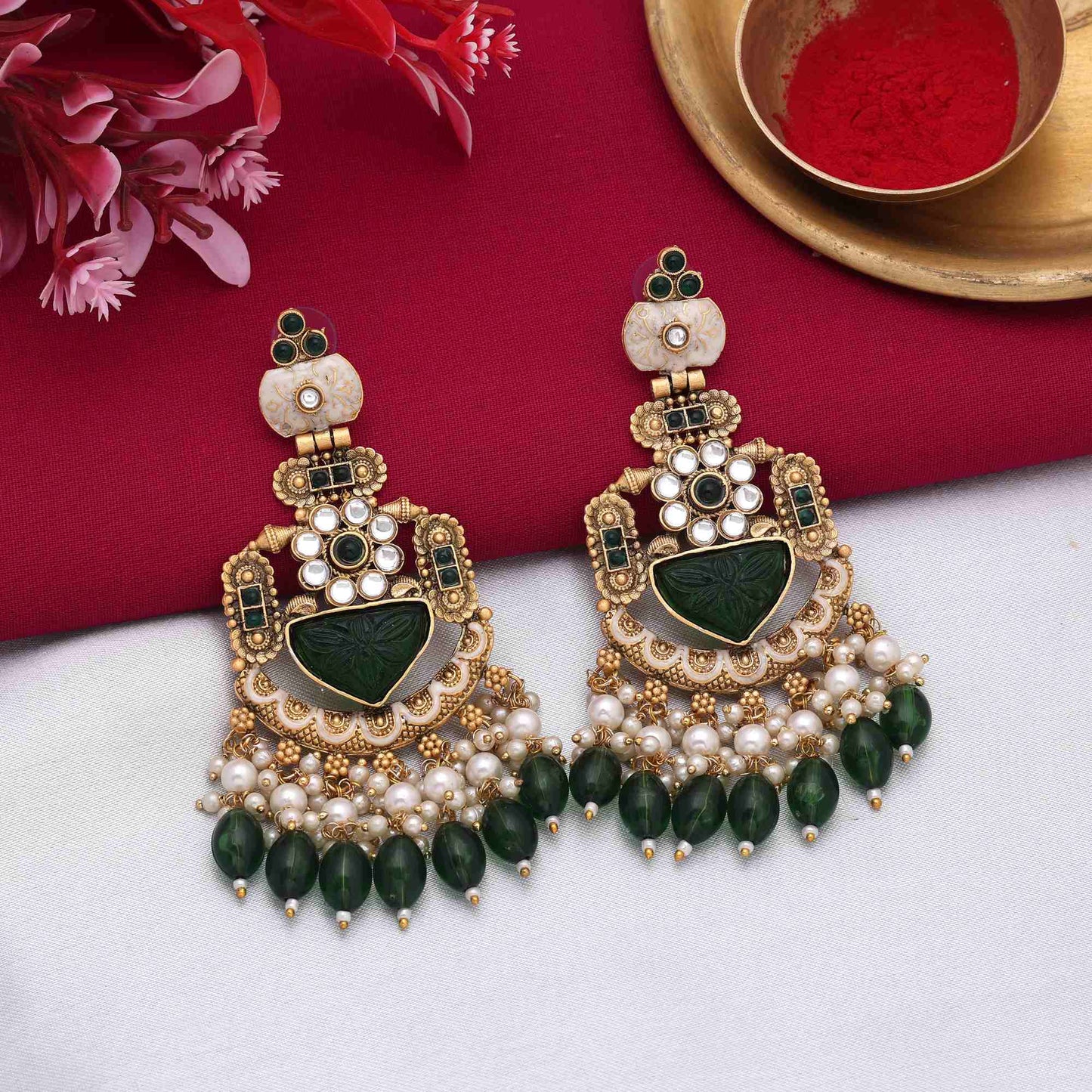 Classic Green Color Matte Gold Earrings With Antique Finish And Stone Design