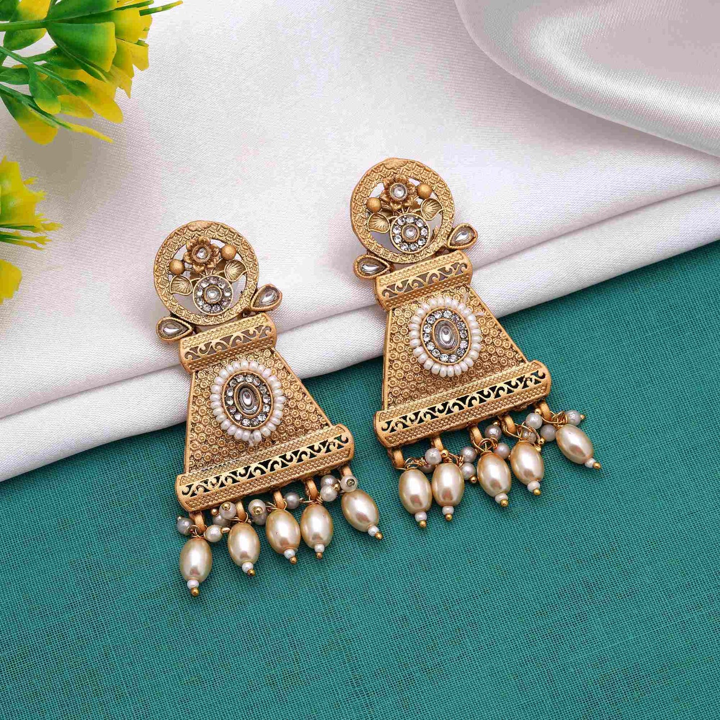 Stylish Gold Color Matte Gold Earrings With Traditional Temple Jewelry Design