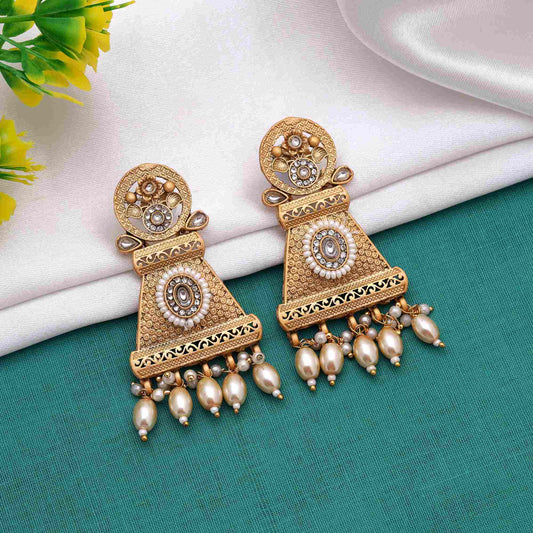 Stylish Gold Color Matte Gold Earrings With Traditional Temple Jewelry Design