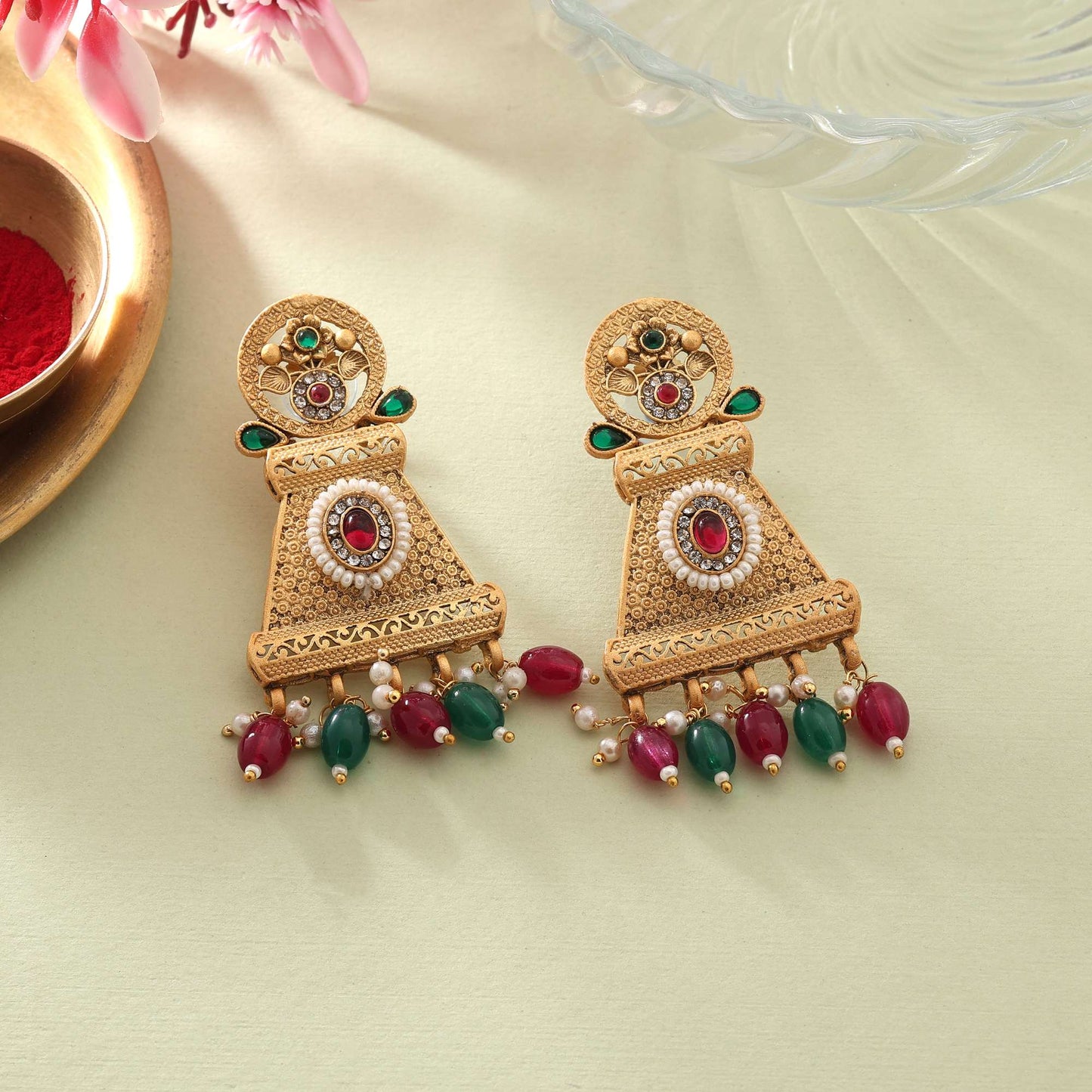 Royal Rani & Green Color Matte Gold Earrings For Wedding And Cultural Events