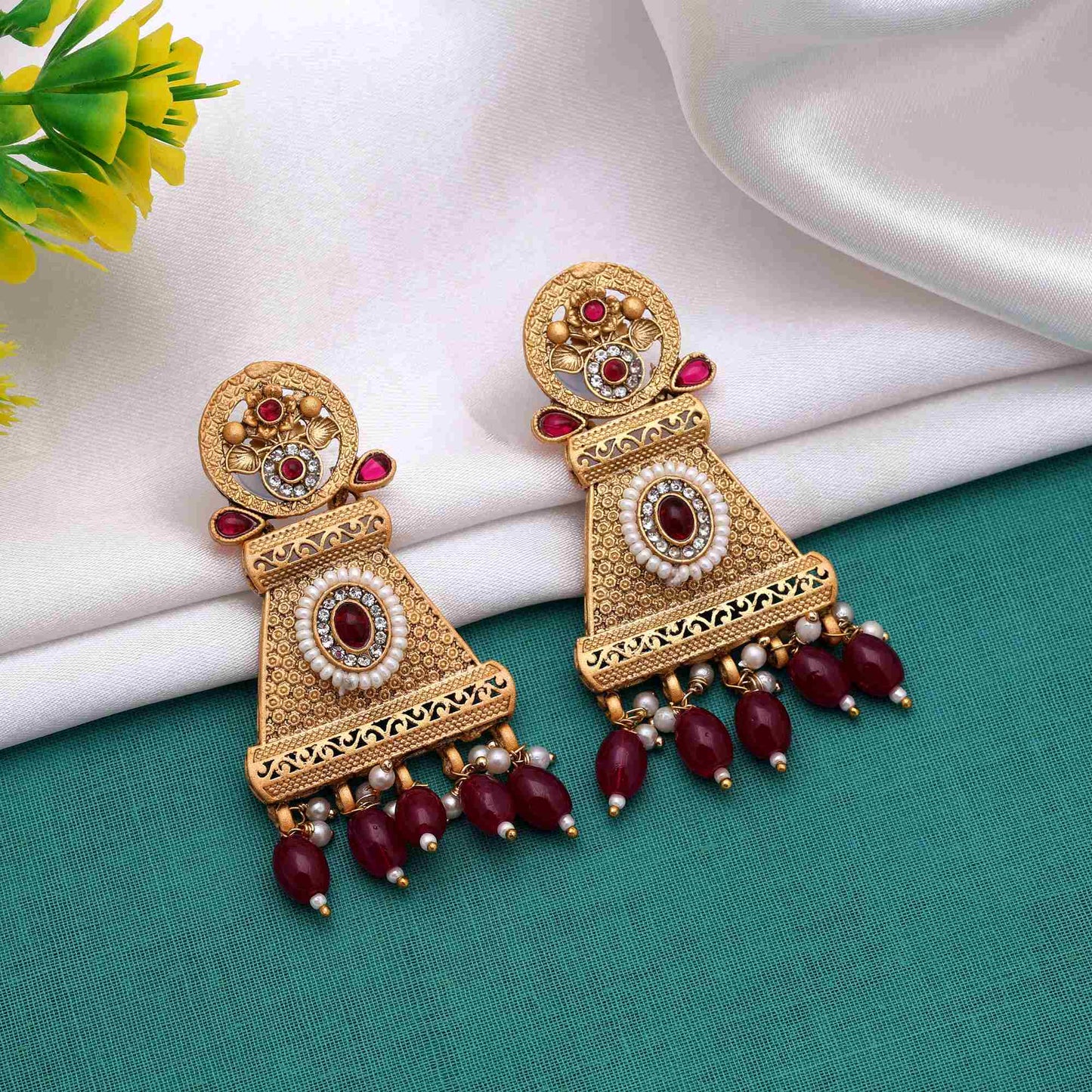 Beautiful Rani Color Matte Gold Earrings For Women’S Bridal And Festive Wear