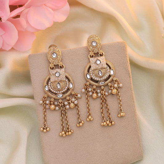 White Color Matte Gold Earrings Designed For Subtle Elegance And Graceful Ethnic Looks