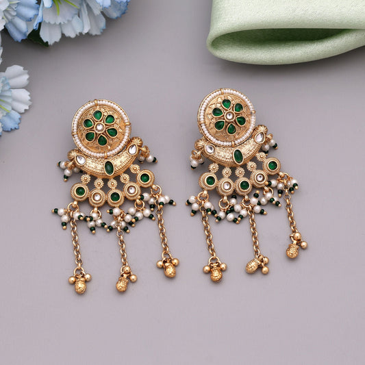 Green Color Matte Gold Earrings Crafted With Detailed Patterns For Festive Ethnic Fashion