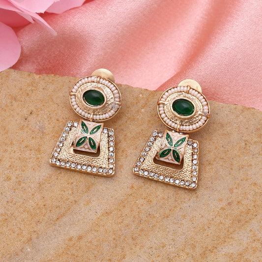 Green Color Matte Gold Earrings With Antique Inspired Detailing And Premium Matte Shine