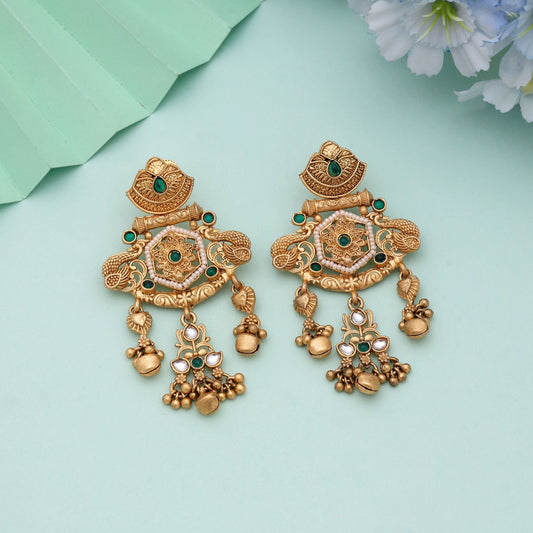 Green Color Elegant Wedding Wear Matte Gold Earrings
