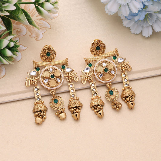Green Color Royal Party Wear Matte Gold Earrings