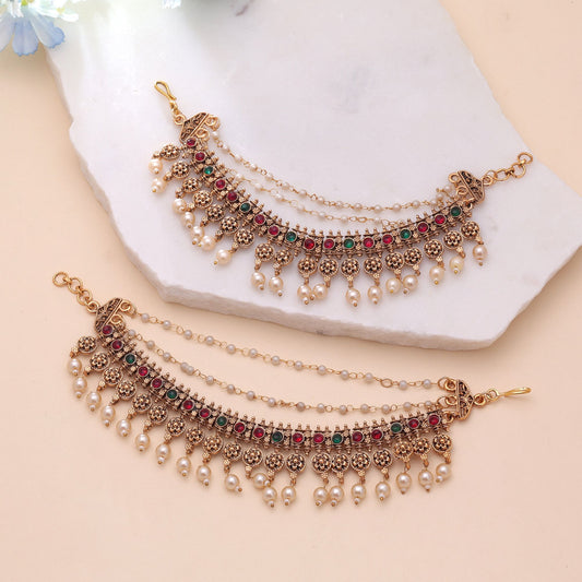 Rani & Green Color Matte Gold Earrings Chain with Intricate Artistic Details