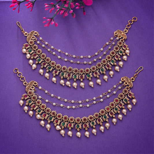 Rani Color Matte Gold Earrings Chain with Traditional South Indian Charm