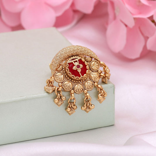 Red Color Matte Gold Rings Styled To Enhance Festive Outfits With Royal Elegance