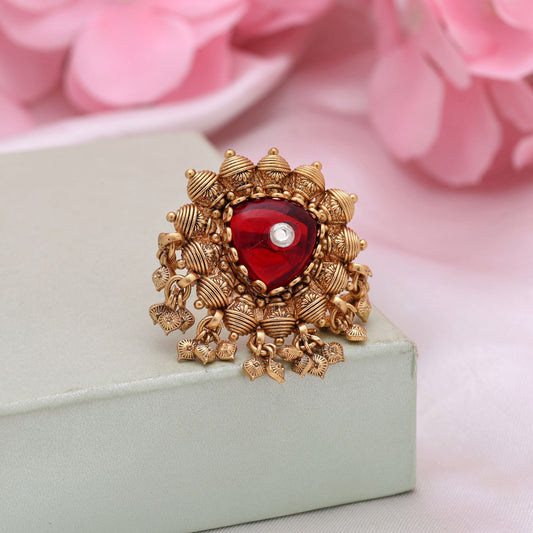 Red Color Matte Gold Rings Inspired By Classic Indian Jewellery With Modern Matte Touch