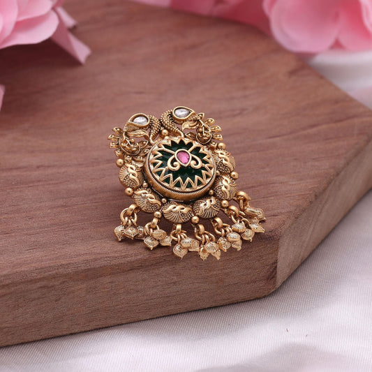 Green Color Matte Gold Rings Showcasing Artistic Design And Timeless Ethnic Appeal