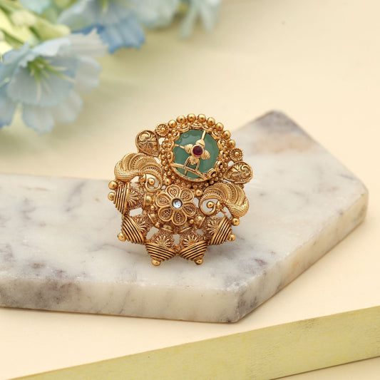Rama Green Color Matte Gold Rings Stylish Ethnic Jewelry With Modern Finish