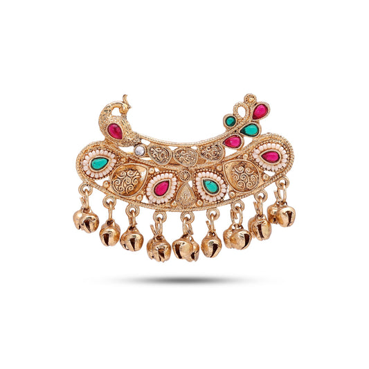 Green & Rani Color Matte Gold Plated Double Finger Kashmiri Ring with Royal Appeal