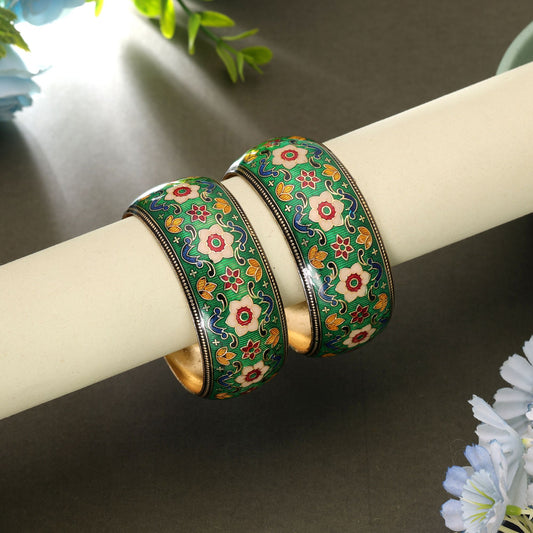 Green Color Hand Painted Meenakari Bangle Pair with Premium Handmade Artistic Design