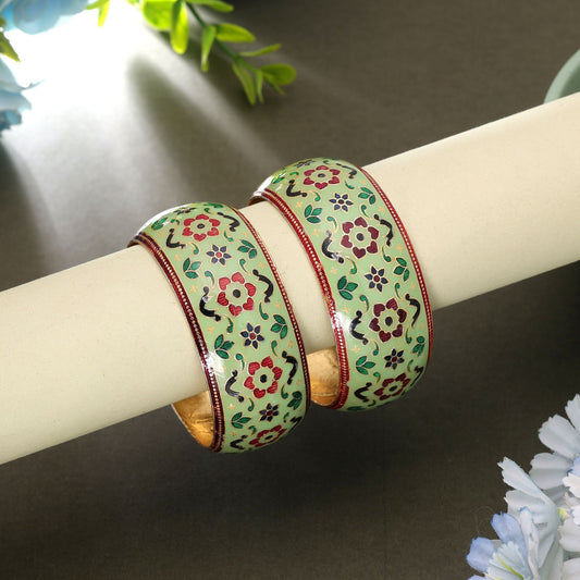 Light Green Color Hand Painted Meenakari Bangle Pair Featuring Elegant Festive Look