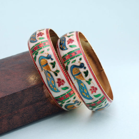 White Color Hand Painted Meenakari Bangle Pair Featuring Premium Traditional Craft Design