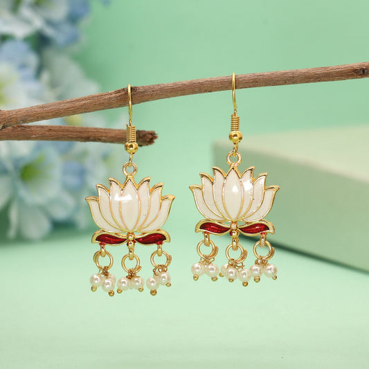 White Color Lots Design Meenakari Earrings With Elegant Lotus Inspired Enamel Work