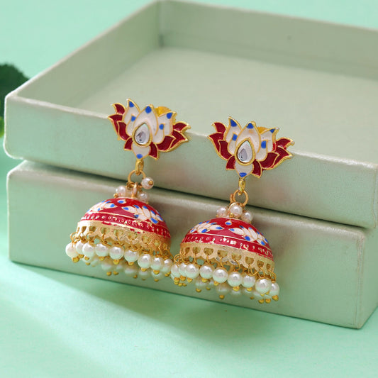 Red Color Lots Design Meenakari Earrings Featuring Beautiful Handmade Artistic Detailing
