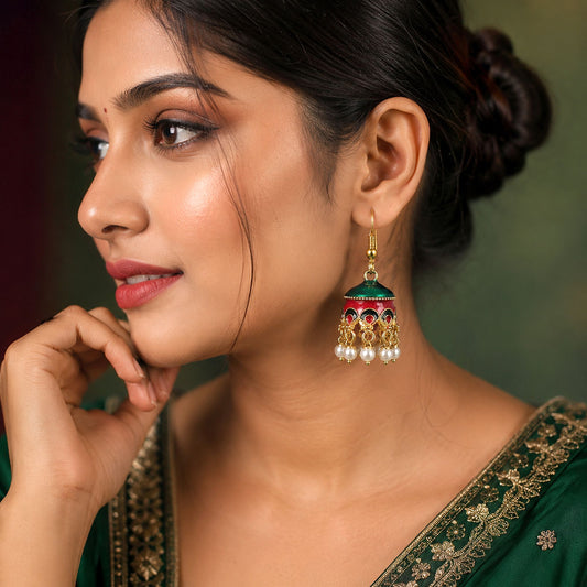 Red & Green Color Meenakari Earrings with Beautiful Royal Ethnic Jewelry Finish