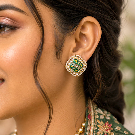Green Color Meenakari Earrings Crafted with Classic Handmade Jewelry Finish