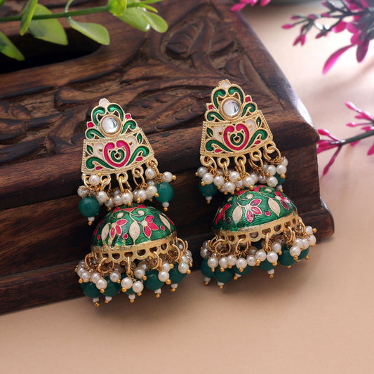 Green Color Meenakari Earrings Crafted with Trendy Handmade Ethnic Style