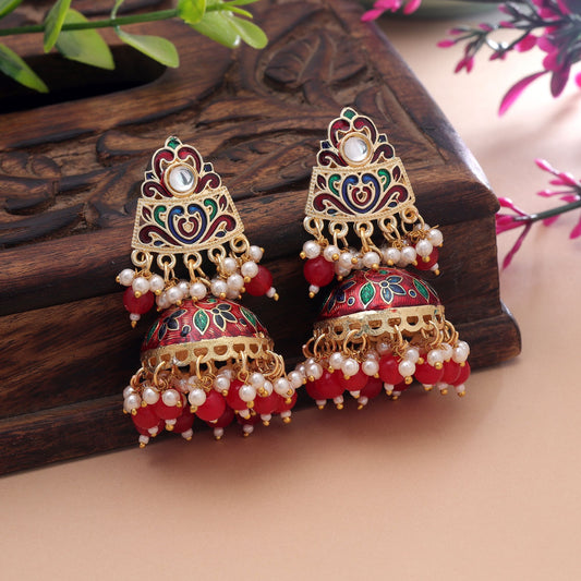 Red Color Meenakari Earrings Crafted with Beautiful Ethnic Fashion Finish