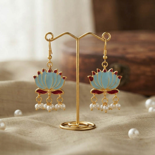 Firozi Color Beautiful Lotus Design Meenakari Earrings Collection For Women And Girls