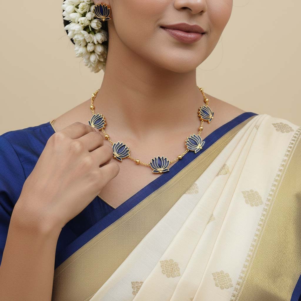 Blaues Lotusdesign Meenakari Halskettenset