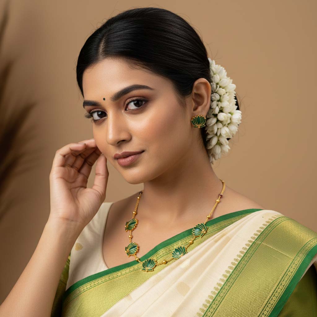 Green Color Lotus Design Meenakari Necklace Set