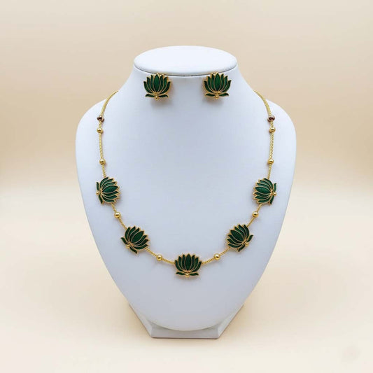 Green Color Lotus Design Meenakari Necklace Set