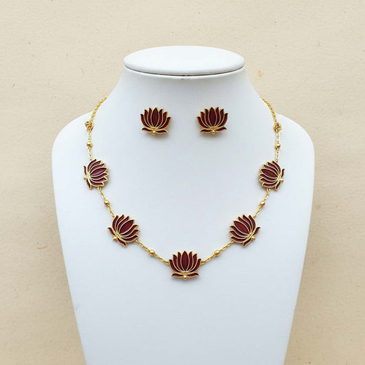 Maroon Color Lotus Design Meenakari Necklace Set