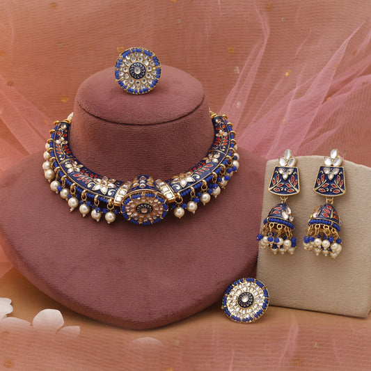Blue Color Hasli Meenakari Necklace Set With Artistic Festive Styling