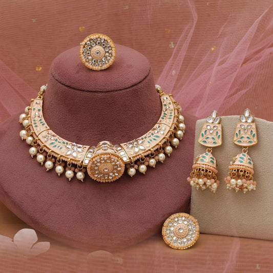 Peach Color Hasli Meenakari Necklace Set With Elegant Cultural Finish