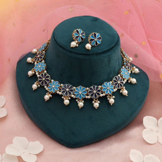 Firozi & Blue Color Meenakari Necklace Set Elegant Ethnic Party Wear Jewelry Collection