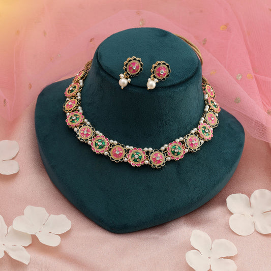 Pink & Grün Color Meenakari Halsketten-Set Klassisches festliches Schmuckdesign