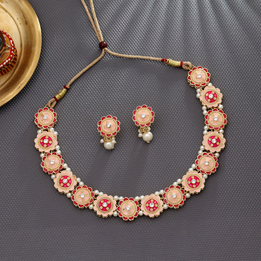 Rani & Peach Color Meenakari Necklace Set Stylish Festive Statement Jewelry Collection
