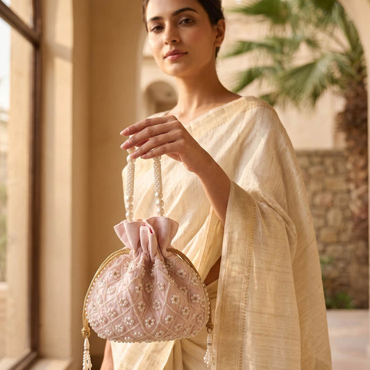 Light Pink Color Pearl Handwork Silk Potli Bag For Women