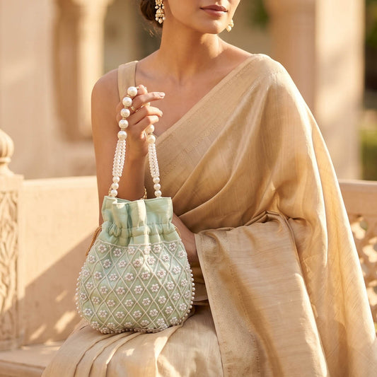 Pista Green Color Pearl Handwork Silk Potli Bag For Women
