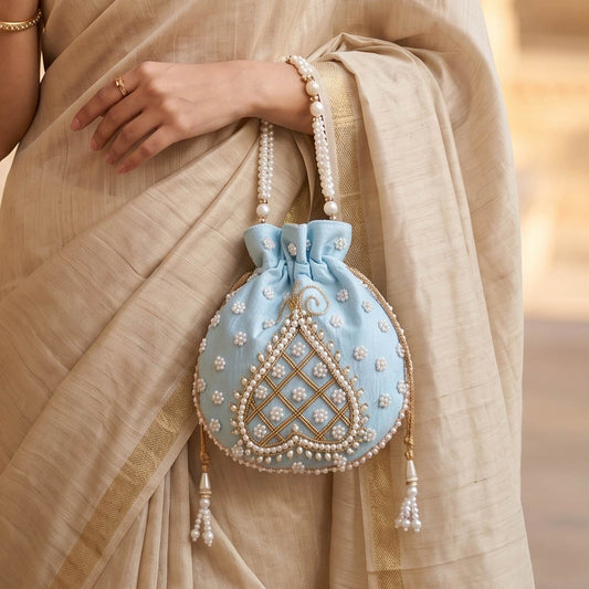 Sky Blue Color Pearl Handwork Silk Potli Bag For Women