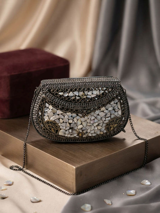 Black Color Antique Handmade Embroidered Work Chip Stone Metal Sling Purse Designer Style