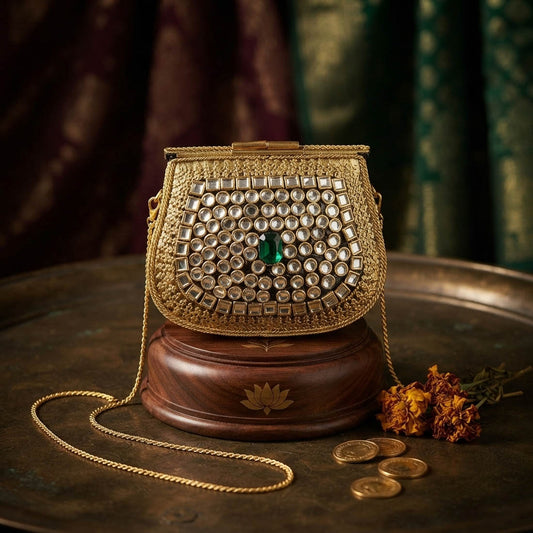 Ornate Indian Gold Color Kundan Metal Handmade Golden Partywear Clutch Bag