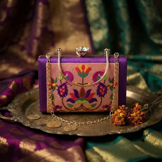 Lustrous Smooth Gold Color Satin Fabric Metal Handmade Golden Clutch Bag