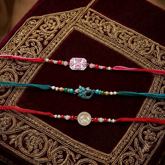 Multi Color Set of 3 Thread Rakhis Crafted with Attractive Traditional Decorative Finish