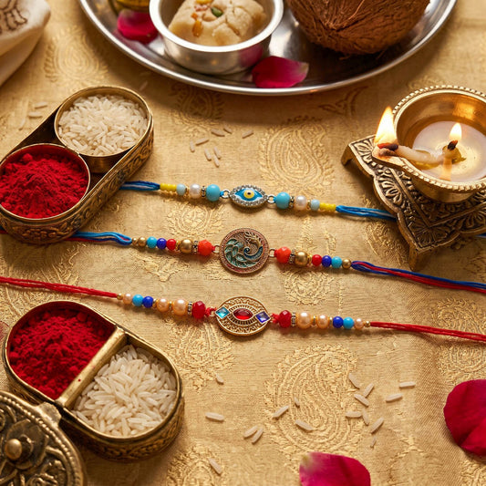 Multi Color Set of 3 Thread Rakhis with Elegant Traditional Handmade Design for Raksha Bandhan Celebration