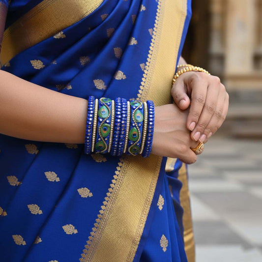 Blue Color Peacock Feather 1 Set Of Thread Bangle Featuring Artistic Traditional Patterns