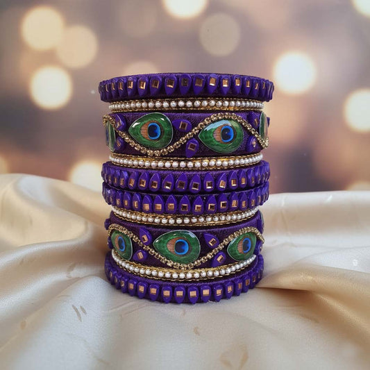 Purple Color Peacock Feather 1 Set Of Thread Bangle Inspired By Royal Indian Artistry