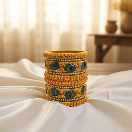 Yellow Color Peacock Feather 1 Set Of Thread Bangle Perfect For Vibrant Festive Outfits